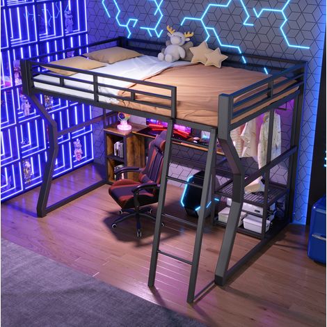 DESVIAE Lit mezzanine 140 x 200 cm avec bureau étagères rangement penderie prise intégrée bande lumineuse cadre en métal noir (1/5)