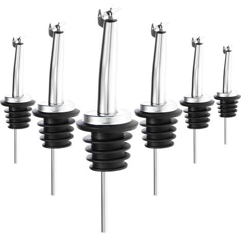 6x Becs verseurs avec couvercle – Doseur en acier inoxydable – Pour spiritueux, rhum, whisky, cocktails, vinaigre et huile (06 pièces - couleur argent - avec couvercle) (1/5)