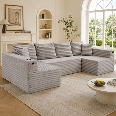 Sofá modular 4 plazas en U con portavasos y bolsillo lateral, tapizado en terciopelo acanalado, gris claro (1/5)