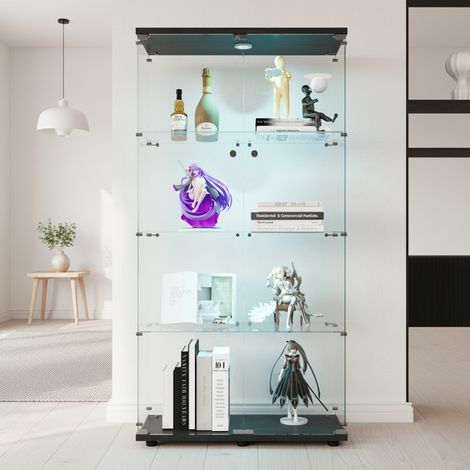 Vitrine en verre avec 4 étagères, meuble à vin, vitrine de salon, avec éclairage LED serrure, convient aux chambres,salons et salles à manger, noire (1/5)