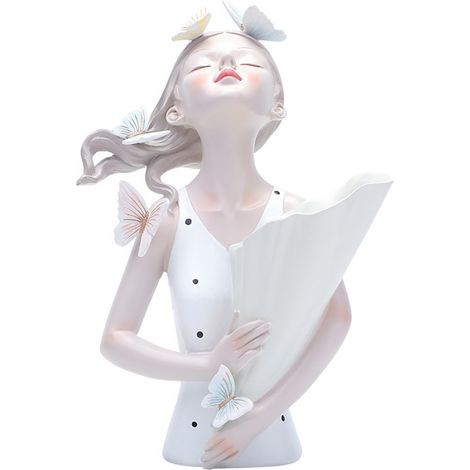 Jarrón decorativo de resina [niña con ramo de flores y mariposas] [31 cm, blanco/negro] 800 g (1/5)