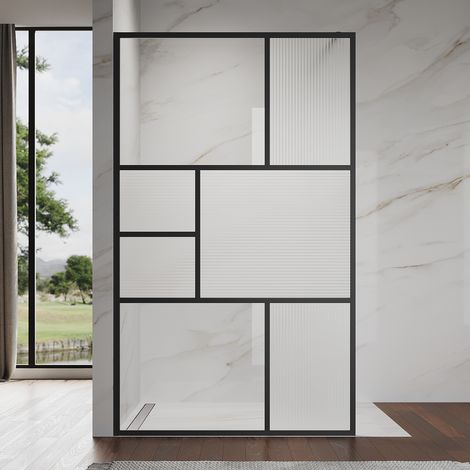 SONNI 8mm Walk In Duschkabine aus Nano ESG Sicherheitsglas Duschabtrennung mit Stabilisator Gestreiftes Glas Duschkabine, Schwarz, 90 x 200 cm