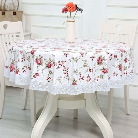 Ensoleille – Nappe ronde en toile cirée PVC 180 cm – Motif floral et dentelle – Anti-tache et imperméable – Pour salle à manger, (1/5)