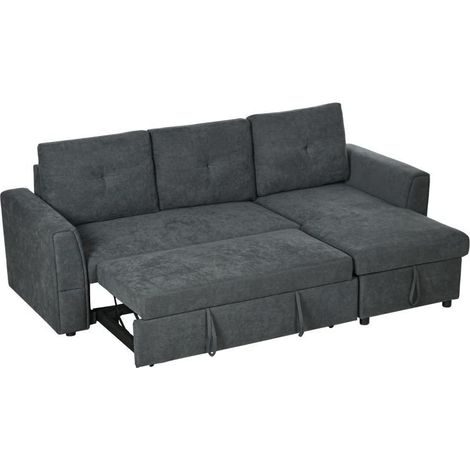 Sofá tres plazas con función cama, sofá cama con méridiana, modelo acolchado, color gris oscuro (1/5)