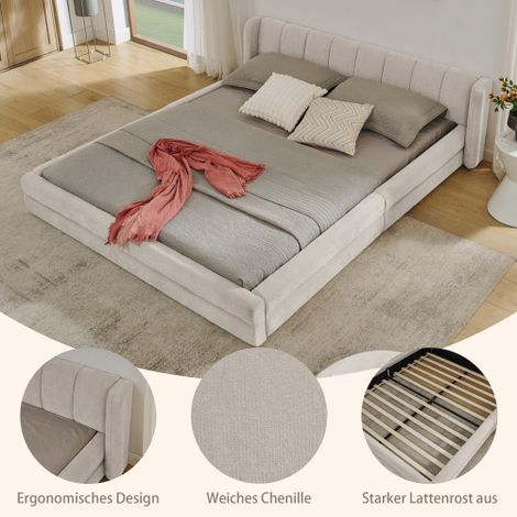 Lit double 160×200cm, Chenille, Couette à dos confortable, Bastille en eukalypte et en fer robuste, simple à monter, Beige (sans matelas) (1/5)