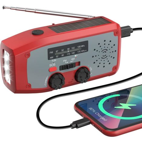 Filiyano – lampe torche LED rouge – Radio d'urgence solaire AM/FM à manivelle, batterie externe 2000 MAH, alarme SOS et lampe torche LED rouge (1/5)