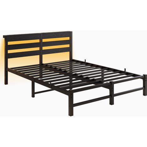 Cadre de lit 140x190 avec éclairage LED, station de charge USB, cadre de lit en métal, sans matelas, avec rangement sous le lit