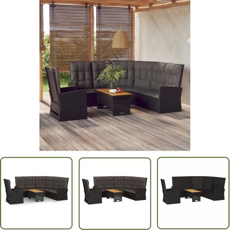 The Living Store Salon de jardin 3 pcs avec coussins Noir Résine tressée - Salon De Jardin - Mobilier De Jardin - Set De Salon - Table Basse - Fauteuil Relax (1/5)