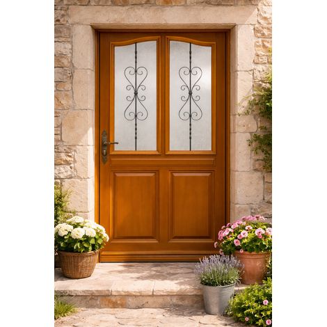 Porte D'Entrée Bois Vitrée, Sandy, H,215Xl,90 P, Droite Cote Tableau + Poignée Et Barillet (Ref 010403Fp)