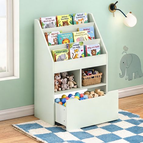 Étagère enfant en panneaux mélaminés 3 tablettes et tiroir verde (1/5)