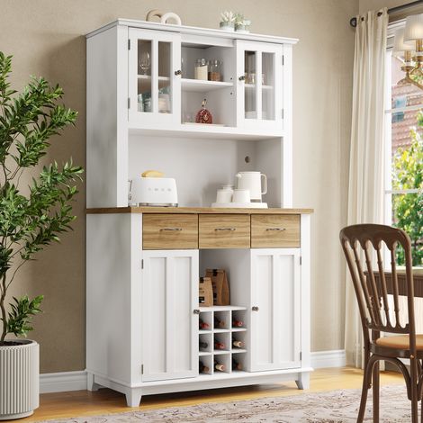 Buffet Haut Cuisine, Meuble de Rangement avec LED, étagères réglables, Porte-Verres à Vin, Espace de Rangement Multicouche, 106 x 40 x 179.5,Blanc (1/5)
