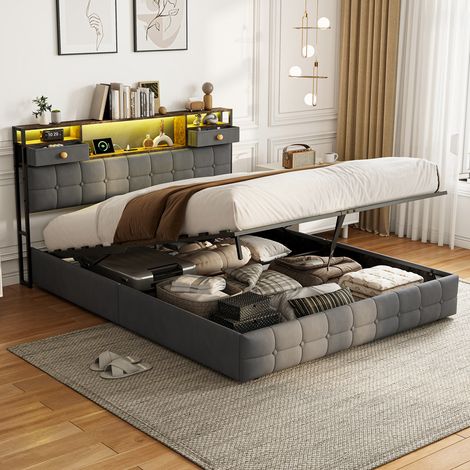 Lit Coffre 160x200 cm Velours Gris, Lit double capitonné avec LED et USB,Tête de Lit avec Rangement Intégré,Lit hydraulique pour adulte,Sommier à Lattes, Scandinave (1/5)