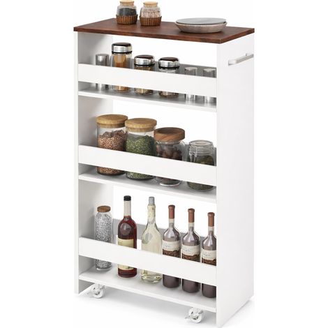 COSYWAY Carrello Portaoggetti a 4 Ripiani, Maniglia Laterale e Ruote, 25 cm,Marrone+bianco