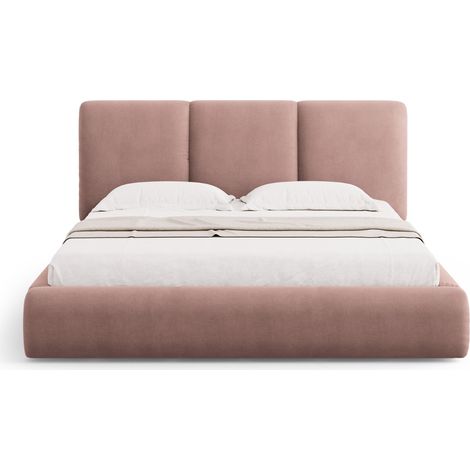 Lit coffre avec tête de lit 140x200cm en chenille rose (1/5)