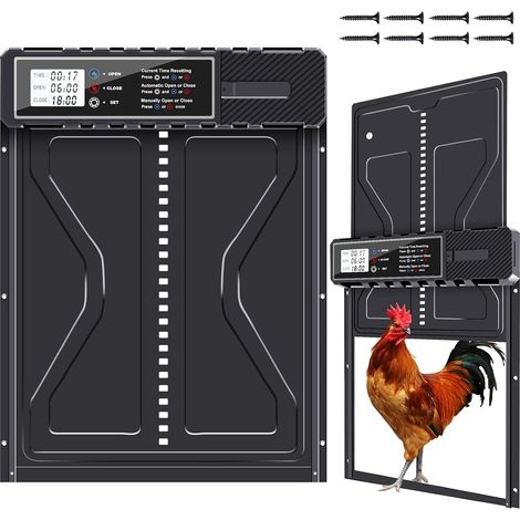 Automatische Hühnerklappe, Aluminium, elektrische Hühnerklappe, Batterie mit wasserdichtem, großem Display, Timer, manuell, Hühnerklappe, automatische Hühnertür, intelligenter Einklemmschutz (1/5)