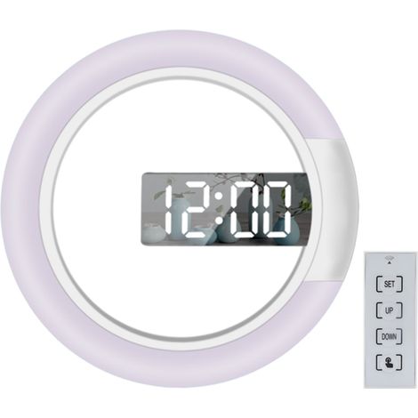 Reloj pared LED espejo calado redondo con mando distancia, despertador digital luz nocturna 7 colores, brillo ajustable, temperatura alarma repetición (1/5)