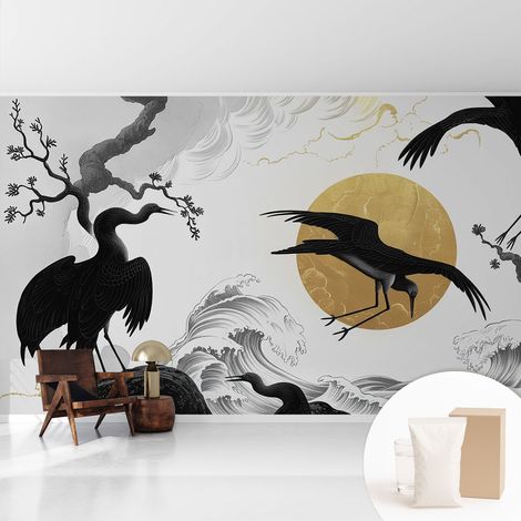 Papier peint intissé pour salon chambre à coucher peint imprimé Installation facile - Colle incluse gratuite Grues noires 416x254 cm (1/5)