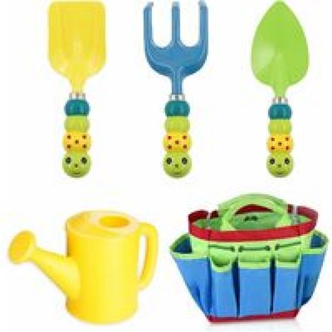 Conjunto de 5 juguetes de jardín para niños: regadera, pala, bolsa, rastrillo y herramientas de jardinería. (1/5)