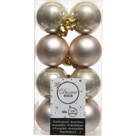 Decoris, Palline di Natale infrangibili, 4 cm, Champagne perla, Set 16 pezzi, Lucide e opache