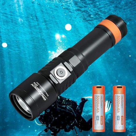 D710 Lampe de Plongée, 3000 Lumens Torche Sous Marine avec Faisceau Étroit de 6 Degrés, Étanche IP68 150M Lampe de Poche avec Indicateur de Batterie pour Plongée de Nuit, Spéléo, Camping (1/5)