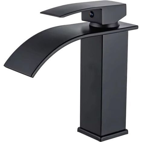 Rubinetto a cascata, rubinetto per lavabo da bagno in acciaio inox nero, finitura lucida, risparmio idrico, montaggio su piano, 1 foro, 1 leva, cascata, 26 x 21 x 7,3 cm