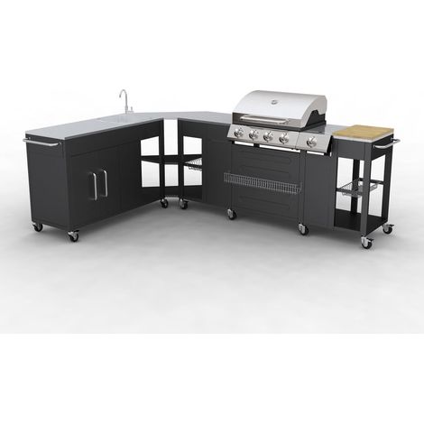 Decdeal – Barbecue portable en acier inoxydable 4 brûleurs 48.000 BTU – Évier intégré et planche à découper – Allumage électronique – Roues pour déplacement facile (1/5)