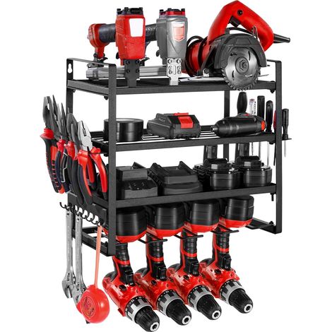 Organiseur mural pour outils électriques, support de rangement à 4 niveaux avec 4 emplacements, porte-outils avec support de tournevis, étagère à outils pour garage, établi et atelier, noir (1/5)