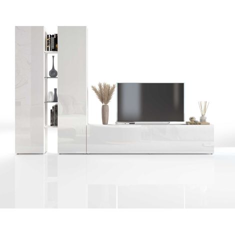 WHOUS - Parete Attrezzata MARUSKA - 2 Colonna Armadio con Anta Battente, 4 Ripiani in Legno, 1 Mobile TV e 1 Set di Mensole - Set da Soggiorno Bianco