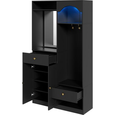 Mueble de recibidor con espejo, perchero, banco y luces LED, MDF negro, 100 x 35 x 180 cm (1/5)