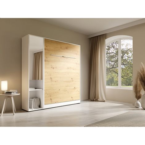 Letto a scomparsa verticale 160 x 200 cm 1 colonna contenitore Con specchio e LED Bianco e naturale - RAPILI