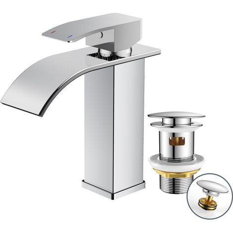 Robinet de Salle de Bain avec Bonde de Vidage, Mitigeur Lavabo Cascade, Hauteur de Bec 110 mm, Économiseur d'eau et d'énergie, Finition Chromée (1/4)