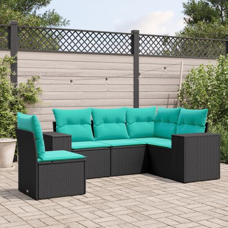 5-teiliges Gartensofa-Set mit Kissen, schwarzes Polyrattan (1/5)