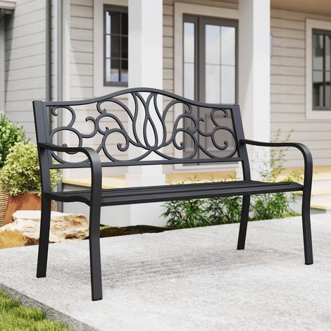 Banc de Jardin Extérieur Meubles de Porche en Fonte avec Dossier à Motif Floral et Siège à Lattes Banc de Patio avec Accoudoirs Solide Noir (1/3)