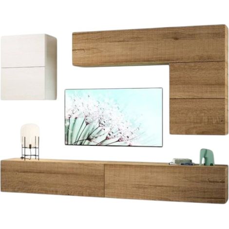 Mur TV modulable suspendu bois naturel Bela L 268cm - 7 pièces (1/3)