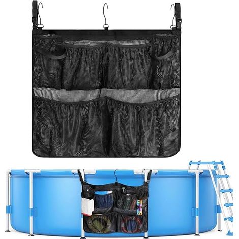 1 Panier de rangement piscine avec 3 crochets – Organiseur amovible pour piscine hors-sol, jardin, salle de bain. Solution latérale multifonctionnelle. (1/5)