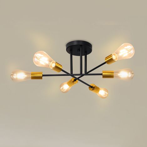 Lampada da soffitto vintage Lampada da soffitto retrò - GBLY 6 luci Lampada da soggiorno industriale E27 Lampada da camera da letto in metallo nero e oro (lampadine non incluse)