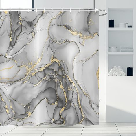 Rideau Douche Gris Marbre 180x180 cm, Moderne Abstrait Art Gris Or Marbre Optique Texture Imperméable Polyester Textile Lavable Rideau de Baignoire avec 12 Crochets (1/5)