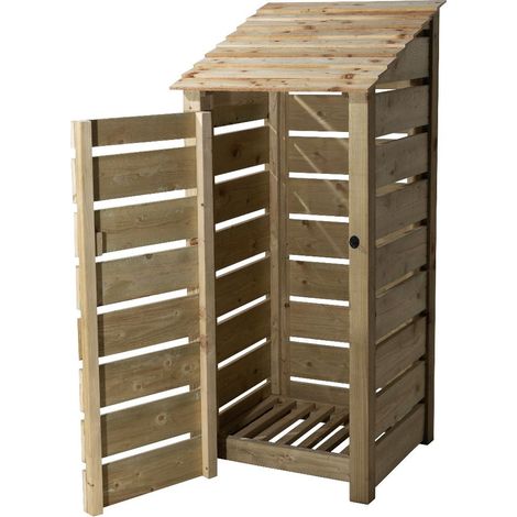 Wooden log store, Slatted timber storage with door (W-79cm, H-180cm, D-88cm) natural finish