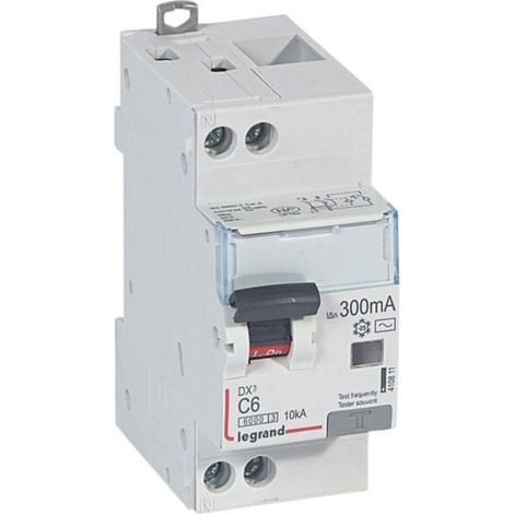 Disjoncteur différentiel monobloc DX³6000 10kA arrivée haute et départ bas à vis U+N 230V - 6A - typeAC 300mA - LEGRAND