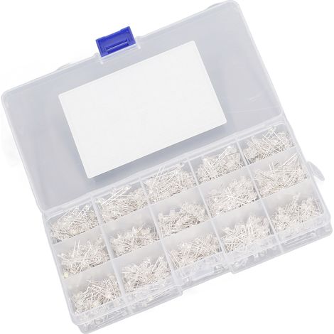 Lot de 750 diodes électroluminescentes (LED) transparentes de 3 mm, rouges, jaunes, bleues, vertes et blanches, avec boîte de rangement. (1/5)