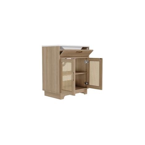 Meuble-lavabo sur pied avec vasque en céramique, avec tiroir relevable et 2 portes amorties, piètement haut orné de rotin, finition bois — Naturelle