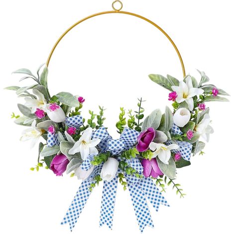Guirlande Florale De Printemps - Cercle Métallique 40 Cm Avec Fleurs En Polyester Et Nœud En Gingham - Décoration Porte D Entrée Murale Pour Pâques Et Fête Des Mères (1/5)