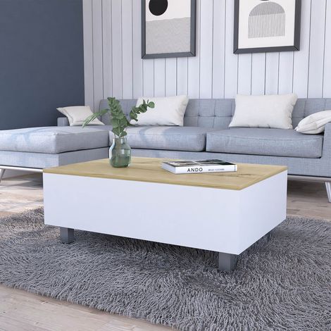 TUHOME Mesa de Centro Elevable Boston, Blanco / Roble Claro