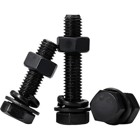 Boulons à tête hexagonale M8 x 50 mm, filetage total, vis en acier allié noir, kit de boulons à tête hexagonale mâle avec accessoires, 10 pièces (1/5)