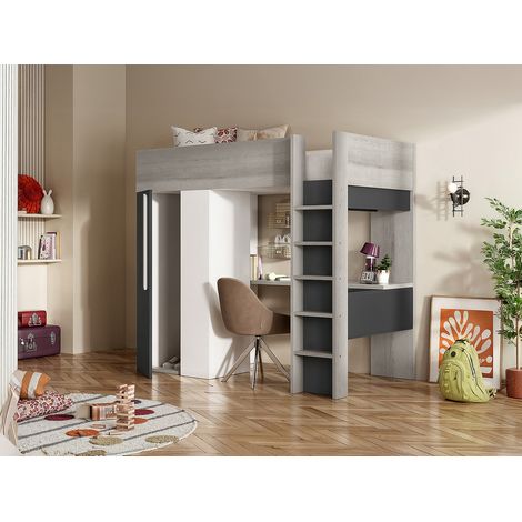 Letto a soppalco + materasso con armadio e scrivania 90 x 200 cm Antracite e Bianco - NICOLAS II (1/4)