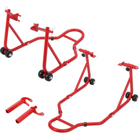 Support de levage moto universel 850lbs – Fourche avant ajustable & bras oscillant arrière U+L – Parfait pour entretien, nettoyage, stationnement – Roulettes pratiques – Couleur : rougeâtre (1/5)