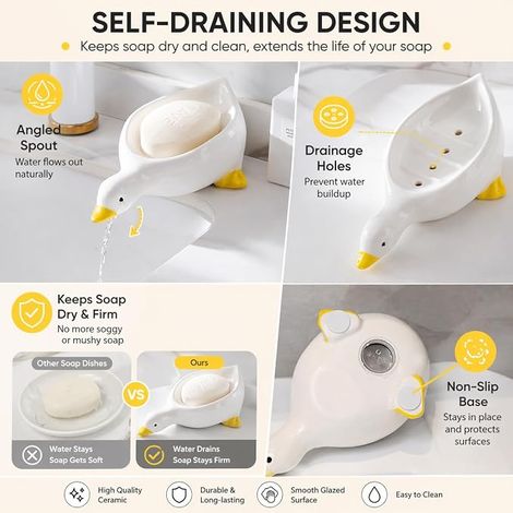 Duck Shaped Ceramic Soap Dish Soap Dish Self Draining Soap Dish for Shower Bathroom Tub Kitchen Sink Ceramic Tray (1/2)