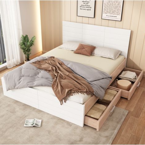 Bett Doppelbett Stauraum 140x200 Holz Weiß Eiche OKMYHOME (1/5)