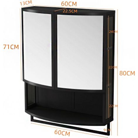 Armoire moderne 60 cm double porte en verre arqué – Miroir incassable, double rangement, étagère ouverte, porte‑serviettes, noir – Élégance contemporaine (1/5)