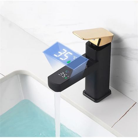 Robinet de lavabo avec affichage numérique de la température à LED, mitigeur de salle de bain Or noir (1/5)